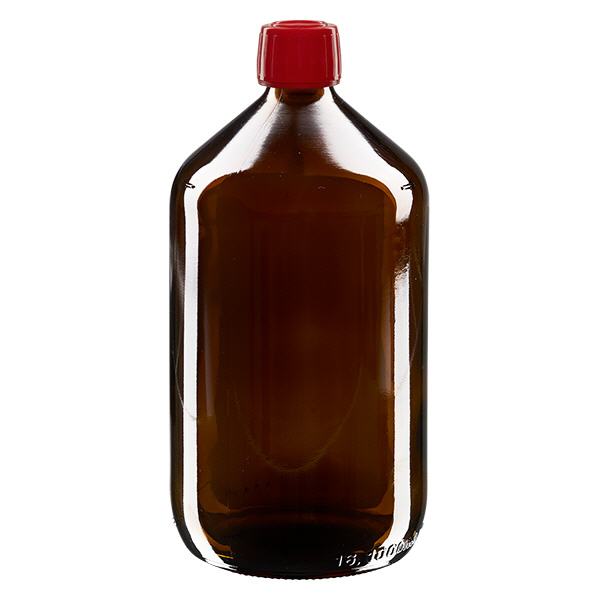 1000ml lääkepullo ruskea, korkki punainen, jossa on peukaloinnin estävä rengas ApoGlas. 1000ml lääkepullo ruskea, korkki punainen, jossa on peukaloinnin estävä rengas ApoGlas.