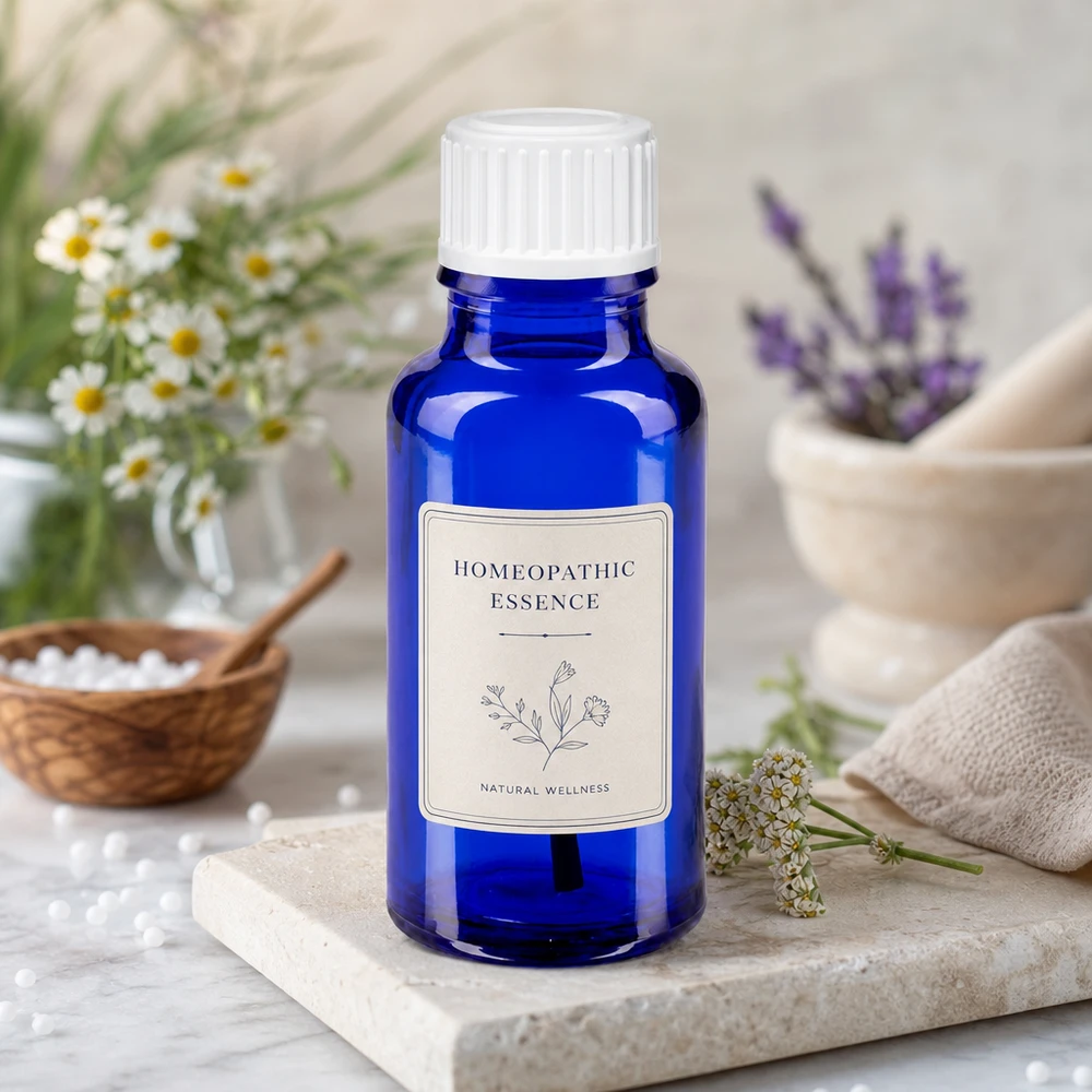 Homeopaattinen uute koboltinsinisessä 20 ml:n lasipullossa, jossa on valkoinen korkki ja yrttikoriste