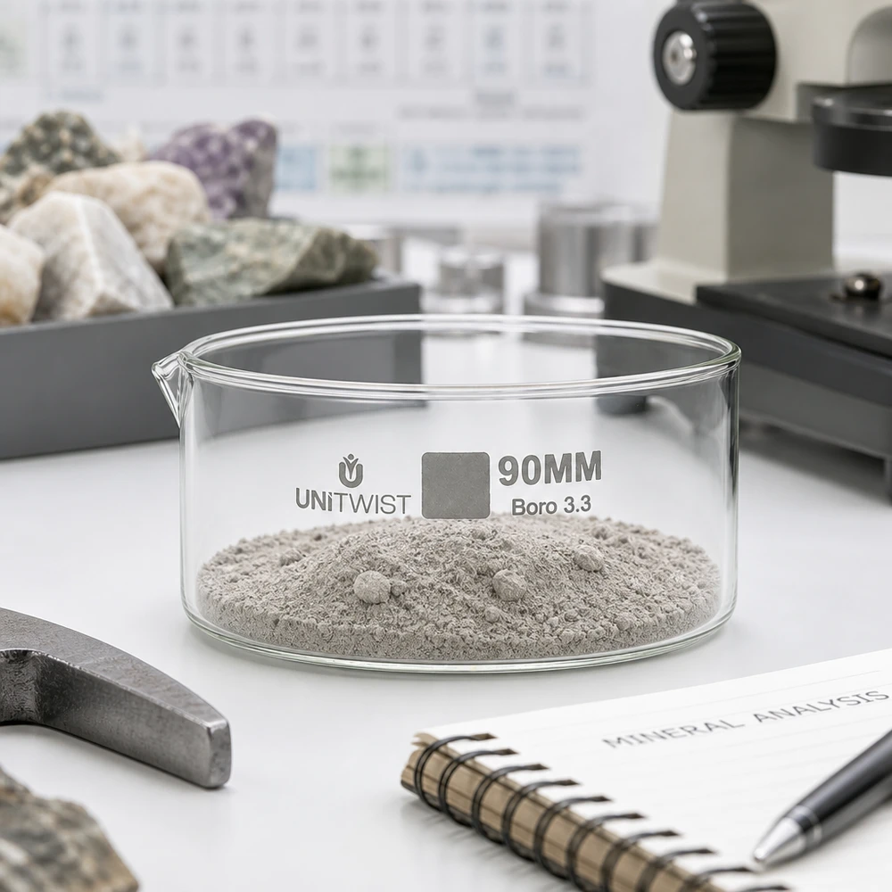 Kiteytysastia ø90mm borosilikaattilasi UNiTWIST UNiTWIST 90 mm:n UNiTWIST-kiteytysastia, jossa on harmaata mineraalijauhetta, kiven analysointipöydällä laboratoriossa