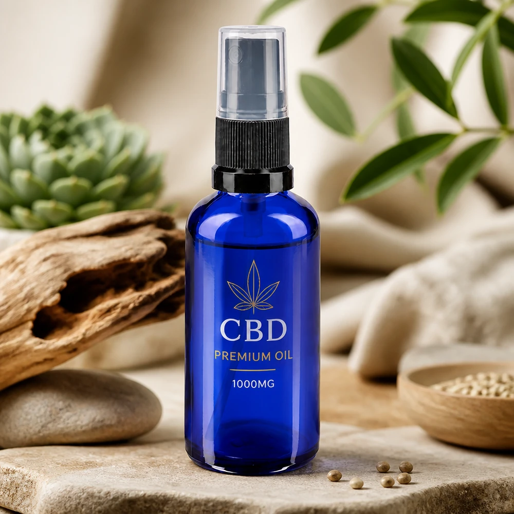 50 ml:n sininen UV-suojattu lasipullo, jossa on sumutinpää, CBD-öljylle ja luonnonkosmetiikalle