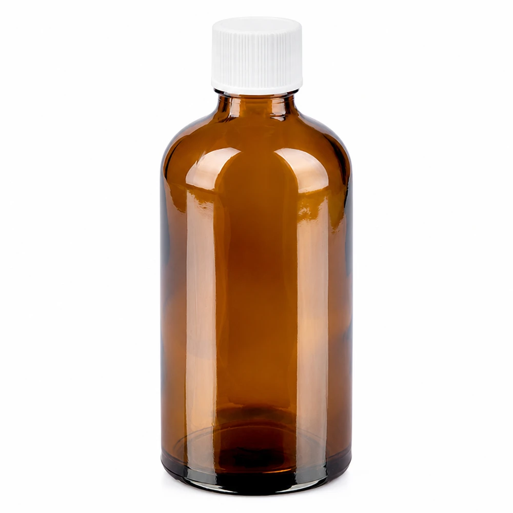 100ml pullo 11mm kierrekorkki valkoinen Standard BrownLine UT18/100 Standard BrownLine UT18/100 Ruskea lasipullo 100ml valkoisella kierrekorkilla lääkkeille ja kosmetiikalle