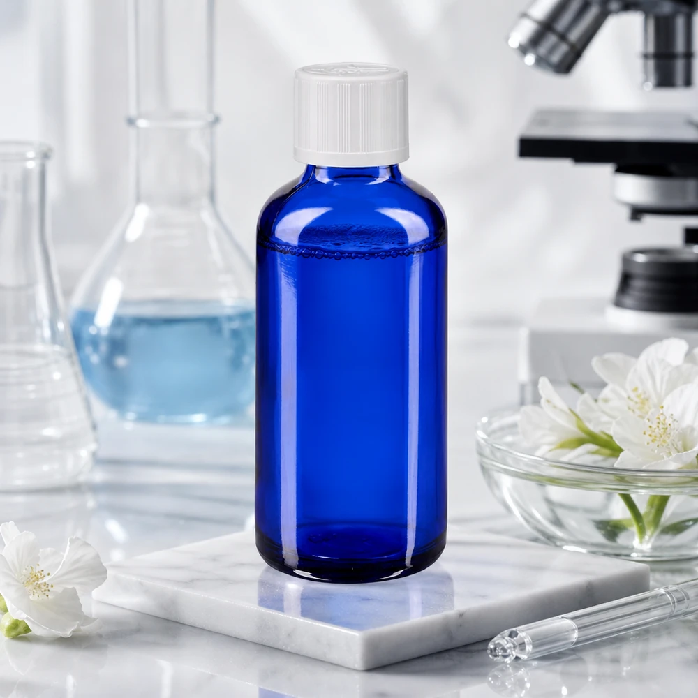 Sininen 50 ml:n lasipullo, jossa on KiSi-korkki, laboratoriossa mikroskoopin ja Erlenmeyer-pullon vieressä