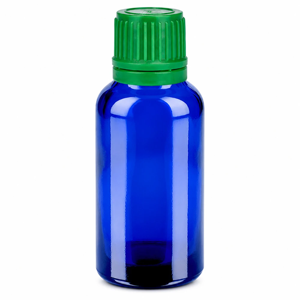 30ml tippapullo sinisestä lasista, jossa on vihreä kierrekorkki eteerisille öljyille.