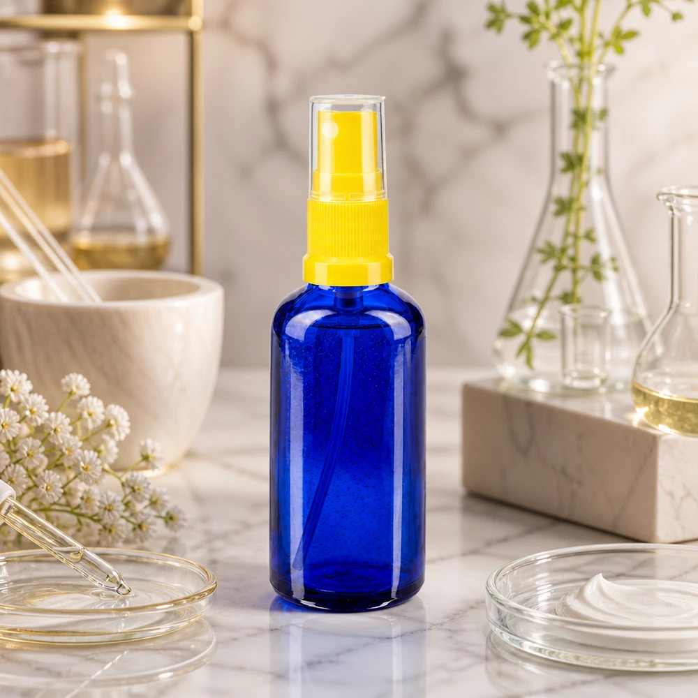 Pieni sininen lasipullo (50 ml), jossa on keltainen sumutinpää, valkoisella marmorilla