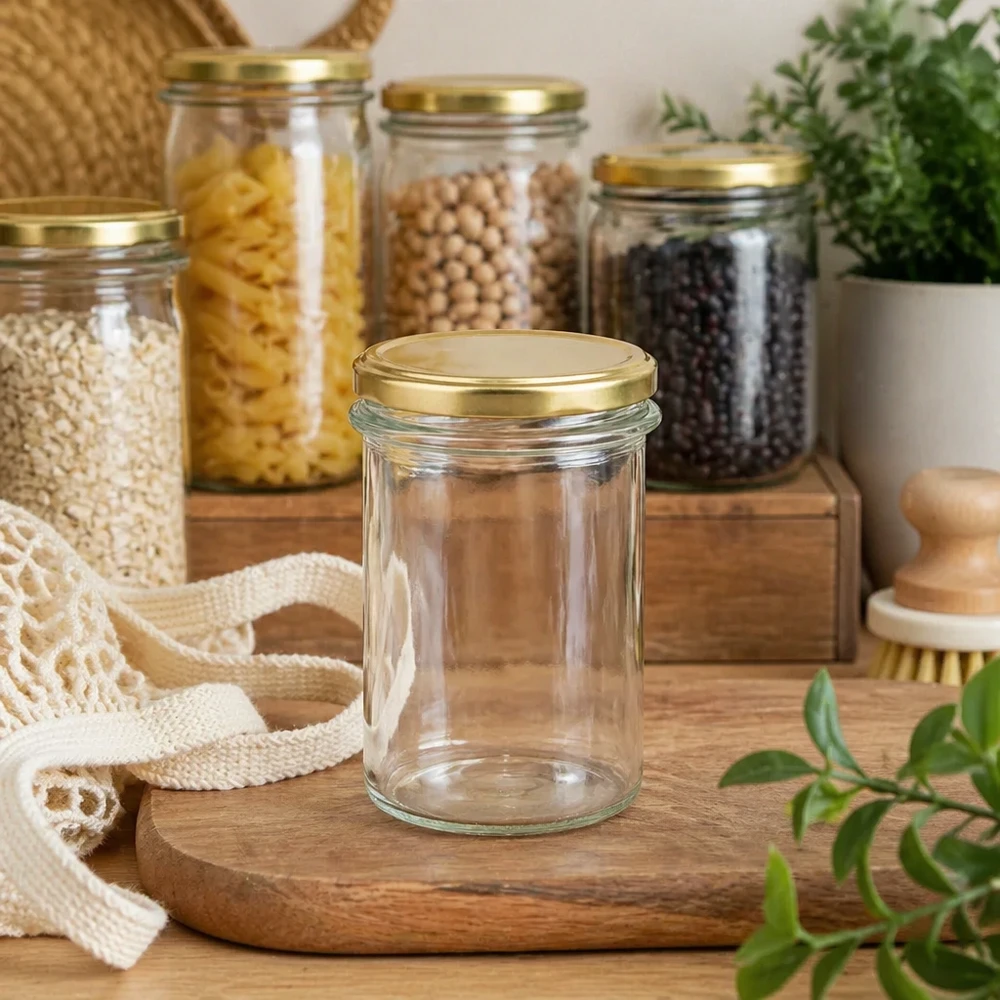 230ml juomapullot tyhjä BasicSeal kansi kulta UNiTWIST Zero Waste keittiössä säilytyspurkeilla ja kasveilla.