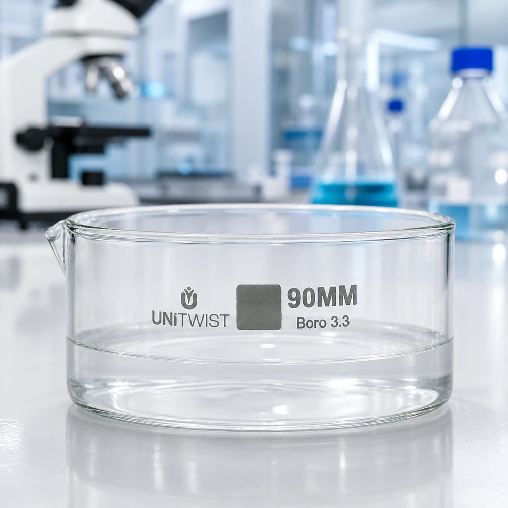 Tyhjä kiteytysastia 90 mm UNiTWIST Boro 3.3 laboratoriotaustan edessä, jossa on mikroskooppi ja Erlenmeyer-pullo