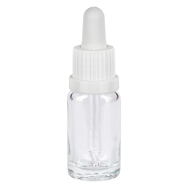 10ml pipettipullo valkoinen peukaloinnin estävä korkki ClearLine UT18/10 10 ml:n kirkaslasinen pipettipullo valkoisella tippakorkilla, ClearLine-sarja