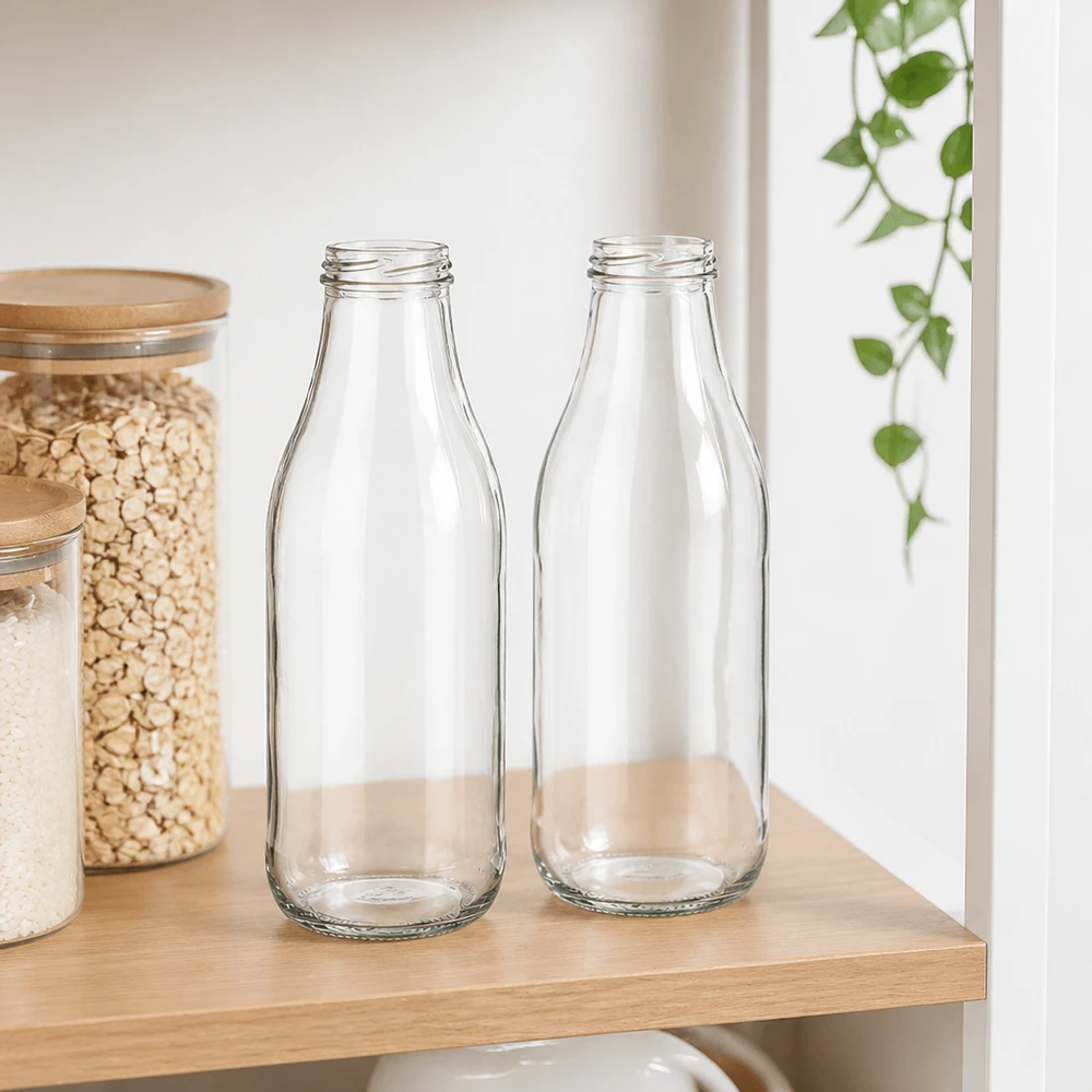 1000ml lasipullot TO48 UNiTWIST kaksi tyhjää maitopulloa puuhyllyllä modernissa keittiössä, jossa on säilytyspurkit