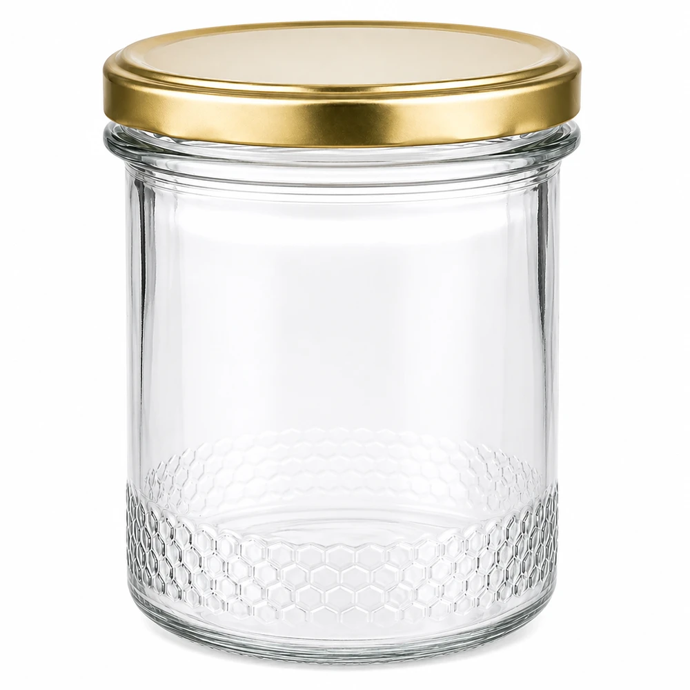 400ml hunajapurkki tyhjä, jossa on kultainen BasicSeal UNiTWIST-kansi ja hunajakennokuvio pohjassa.