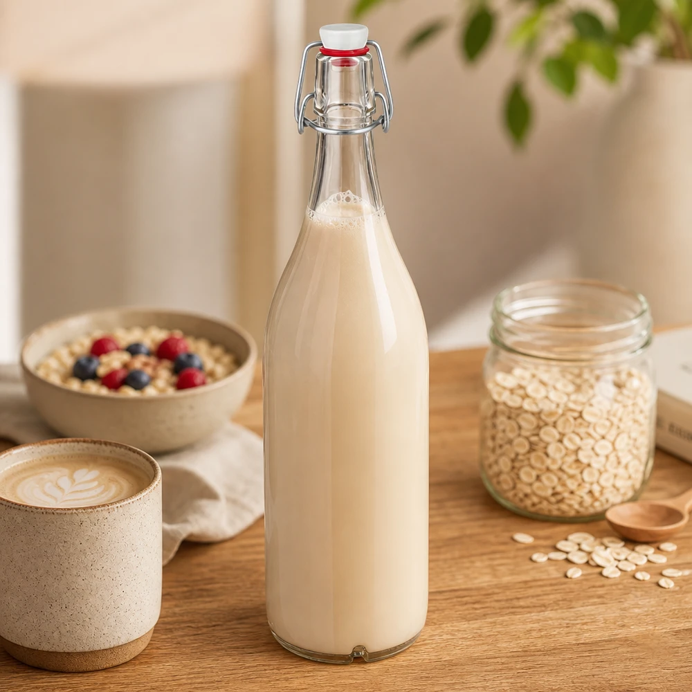 1000ml lasipullo + keinuposliini UNiTWIST UNiTWIST 1000 ml:n lasipullo, jossa on heilurikorkki ja joka on täytetty kauramaidolla kaurahiutaleiden ja aamiaiskulhon vieressä puupöydällä.