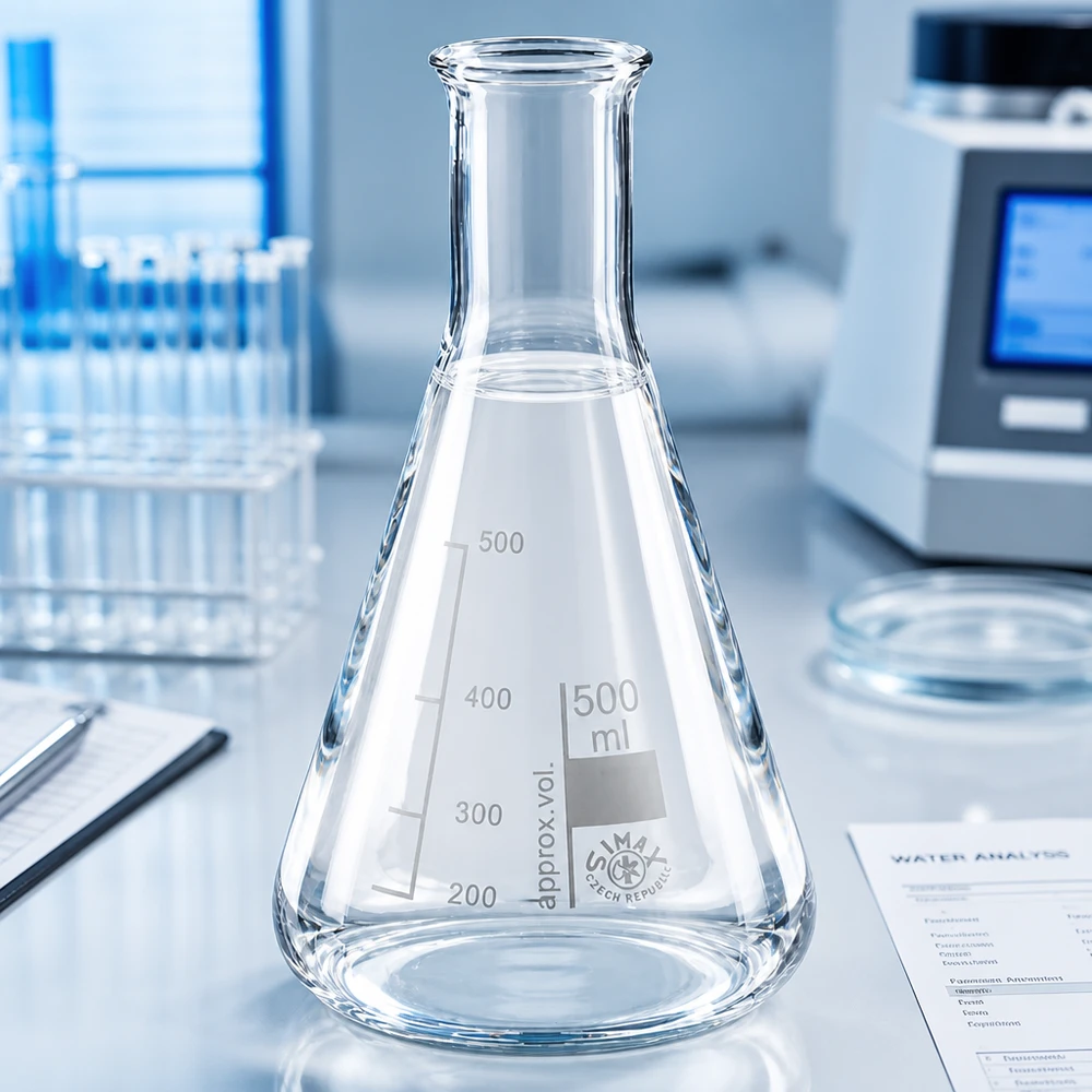 Erlenmeyer-pullo 500ml kapeakaulainen pullo Läpinäkyvä 500 ml:n Erlenmeyer-pullo, jossa on kapea kaula ja asteikko tarkkaan laboratoriotyöskentelyyn.