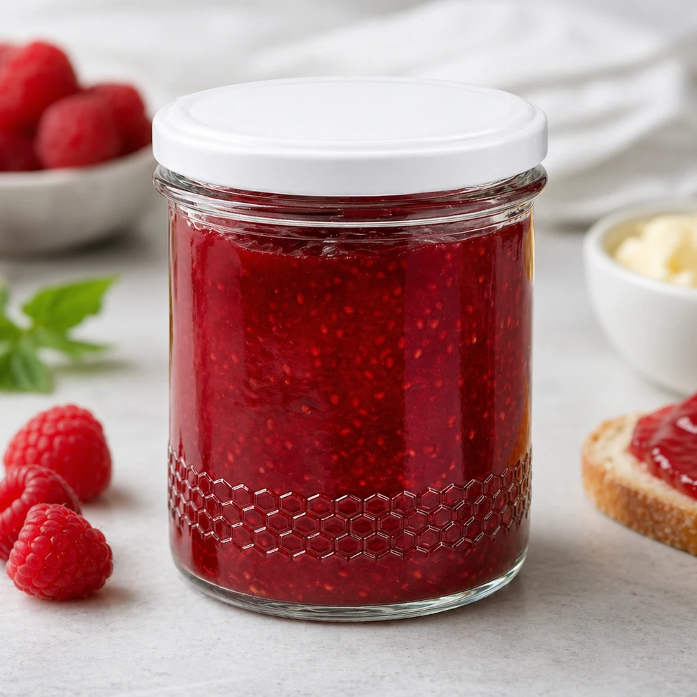 400ml hunajapurkki hillopurkkina vadelmahillolle täytetty punainen hilloaamiainen kohtaus BasicSeal kansi valkoinen
