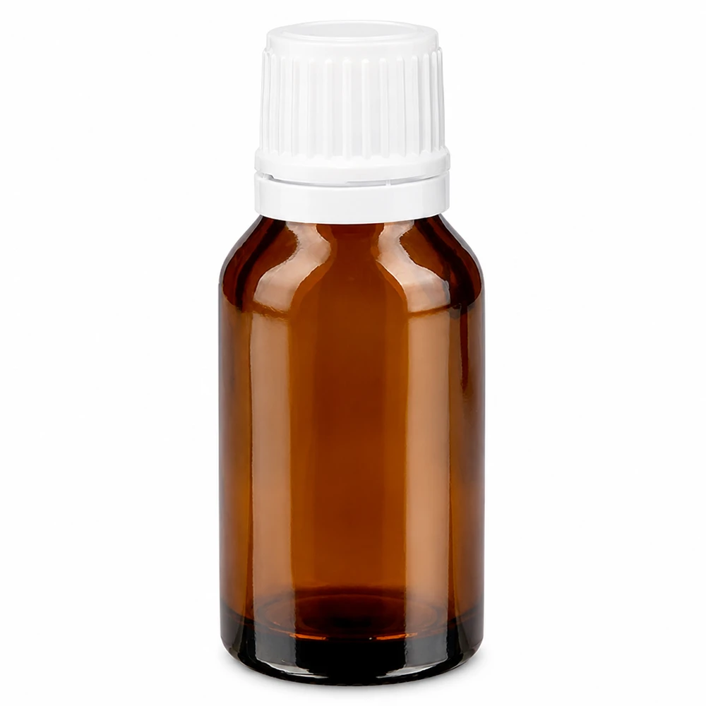 Ruskea apteekkipullo, 15 ml, jossa on valkoinen alkuperäiskorkki, ruskeaa lasia