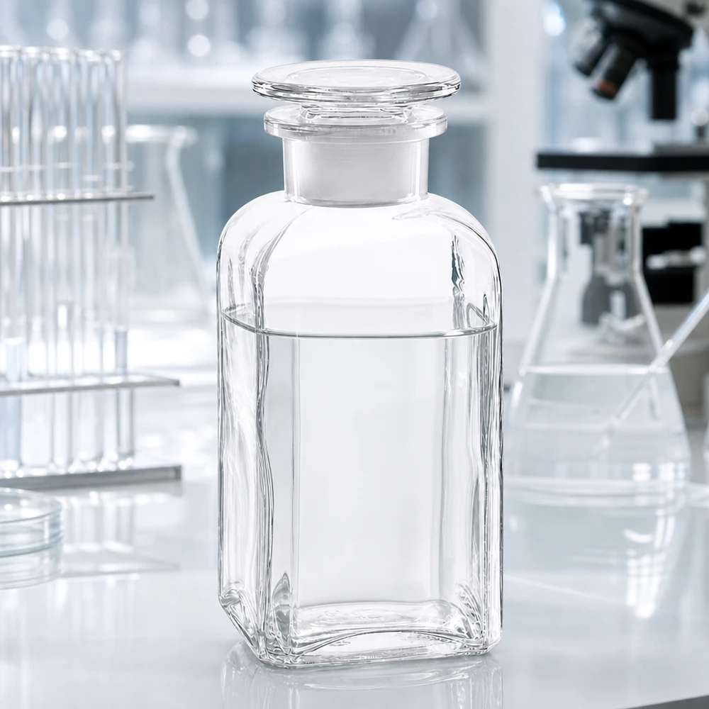350 ml:n nelikulmainen laboratoriopullo, leveäkaulainen, kirkas lasitulppa, kemiallisille reagensseille
