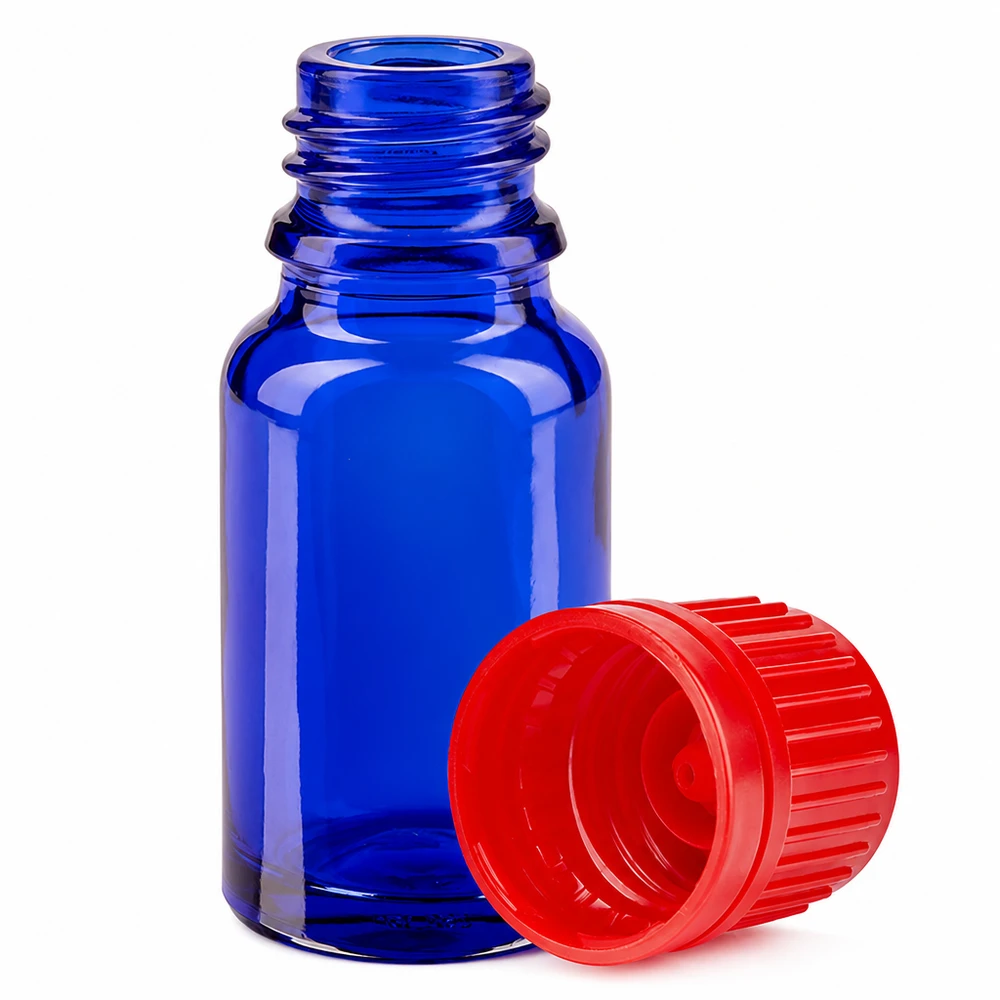 10ml pullo 11mm kierrekorkki punainen väärentämisen estävä korkki BlueLine UT18/10 10ml lasipullo sininen, punainen korkki 11mm SV BlueLine-sarja tarkkaan annosteluun.