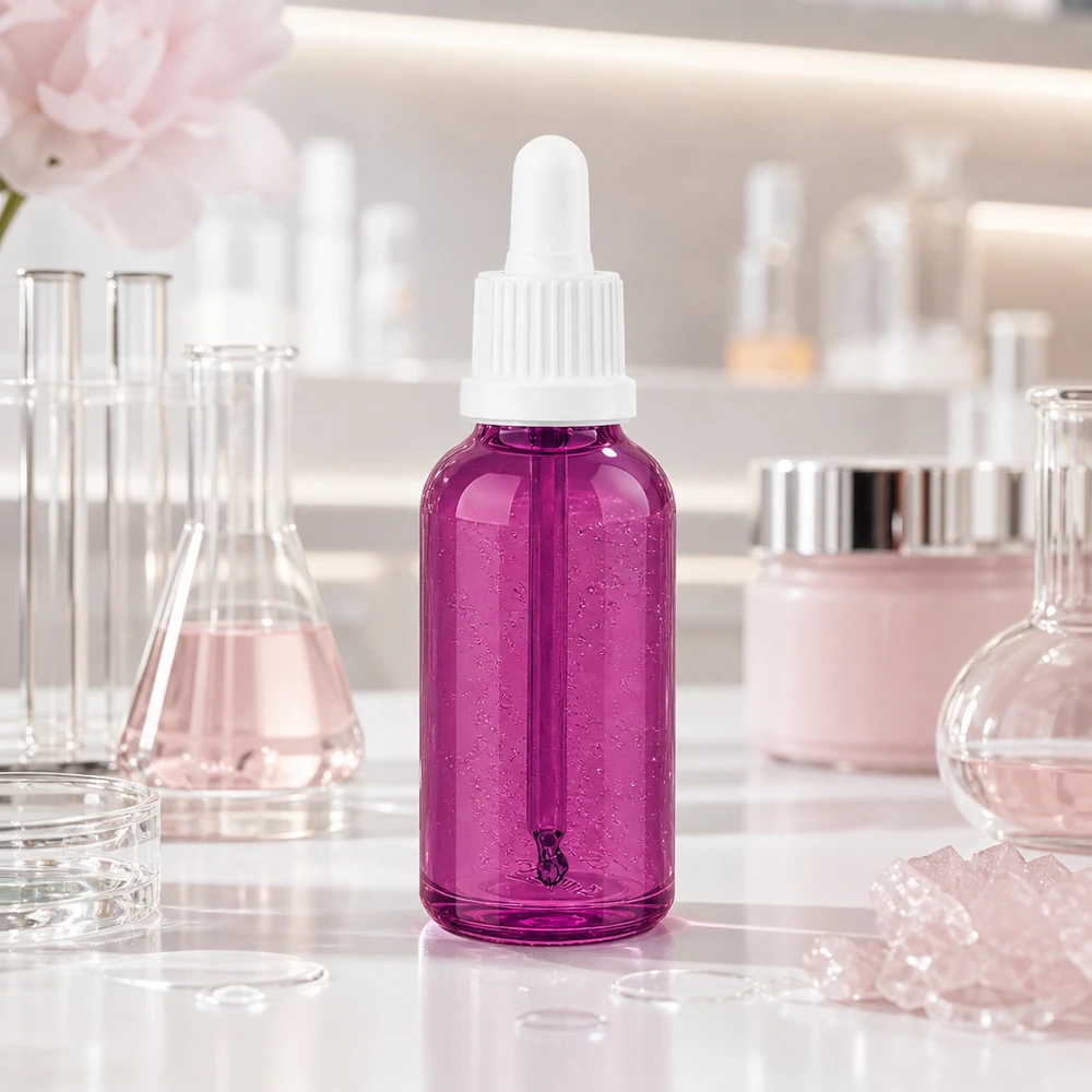 30ml pipettipullo valkoinen omaperäinen ruuvikorkki PurpleLine UT18/30 Läpinäkyvä pipettipullo 30ml violetti, jossa on valkoinen korkki tarkkaa tiputusta varten.