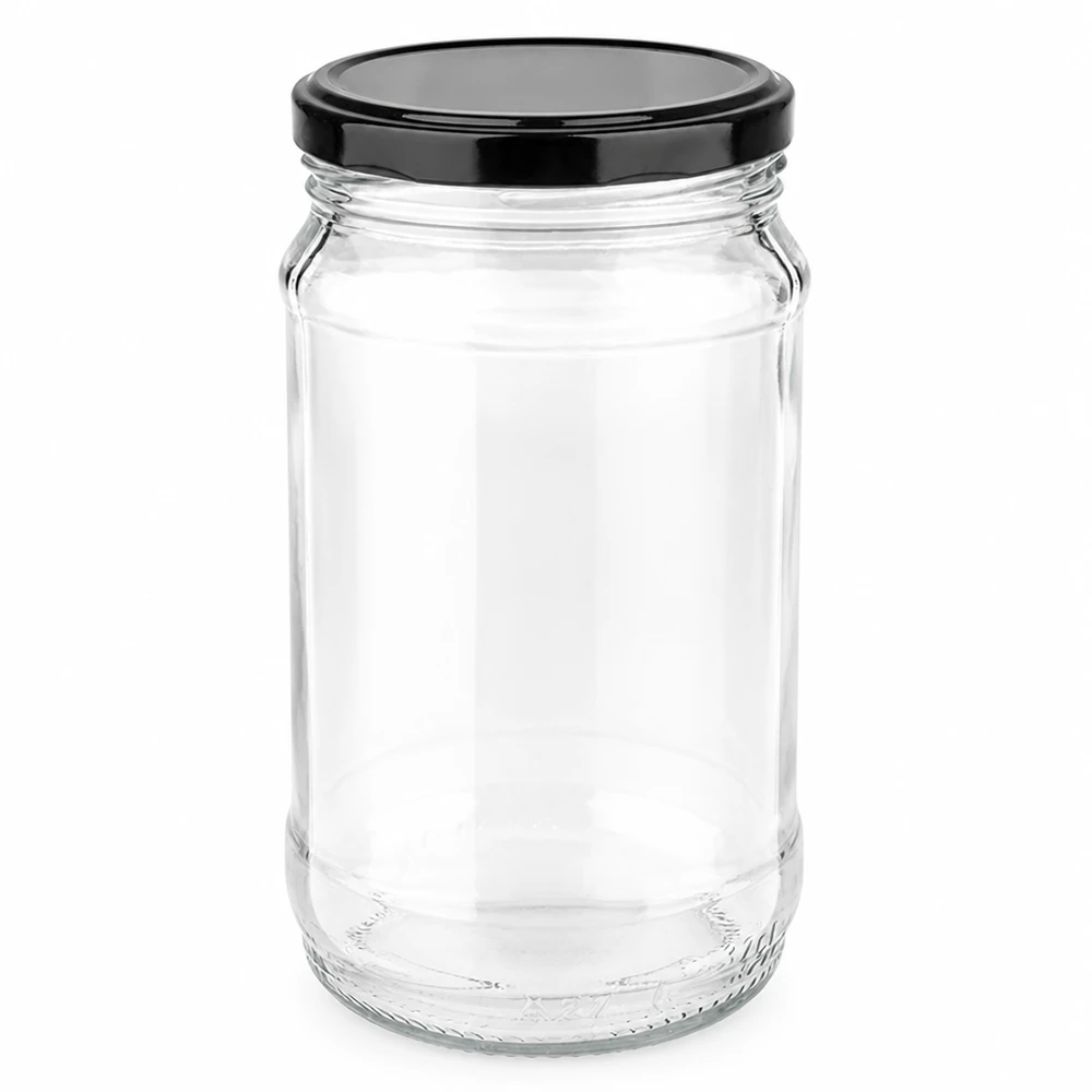 370 ml:n pyöreä lasi + BasicSeal musta UNiTWIST 370 ml:n pyöreä lasipurkki, jossa on musta BasicSeal-kansi (UNiTWIST), tyhjä ja läpinäkyvä valkoisella taustalla