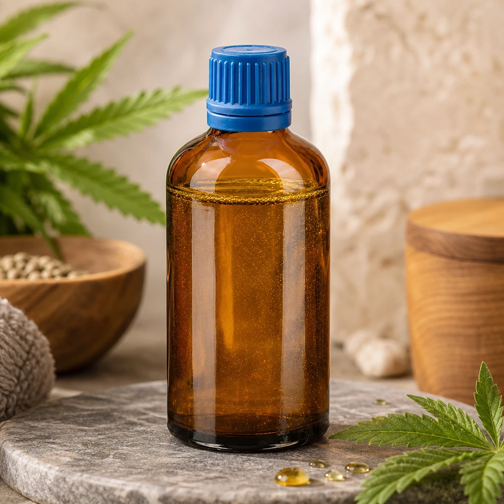 Laadukas 100ml lasipullo ruskealla ruskealla ja sinisellä korkilla ammattimaiseen säilytykseen.