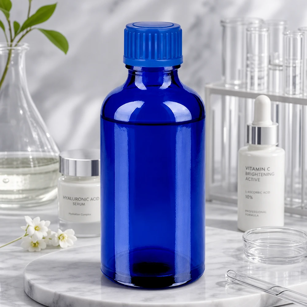 Laadukas 50 ml:n lasipullo voimakkaan koboltin sinisellä värillä ja kestävällä kierrekorkilla laboratoriosovelluksiin.