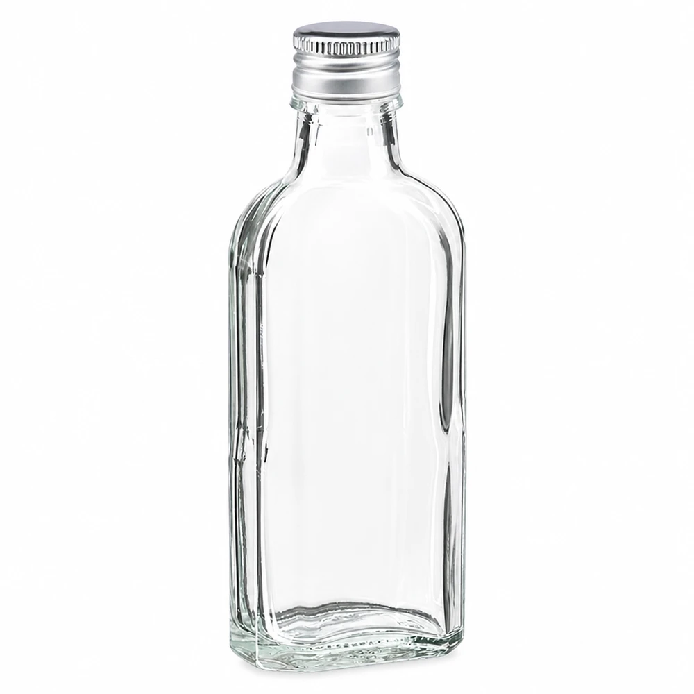 100 ml Meplat kirkas alumiinikorkilla hopea PP22 100 ml:n Meplat-lasipullo, kirkas, hopeanvärisellä alumiinikorkilla (PP22), likööreille ja öljyille