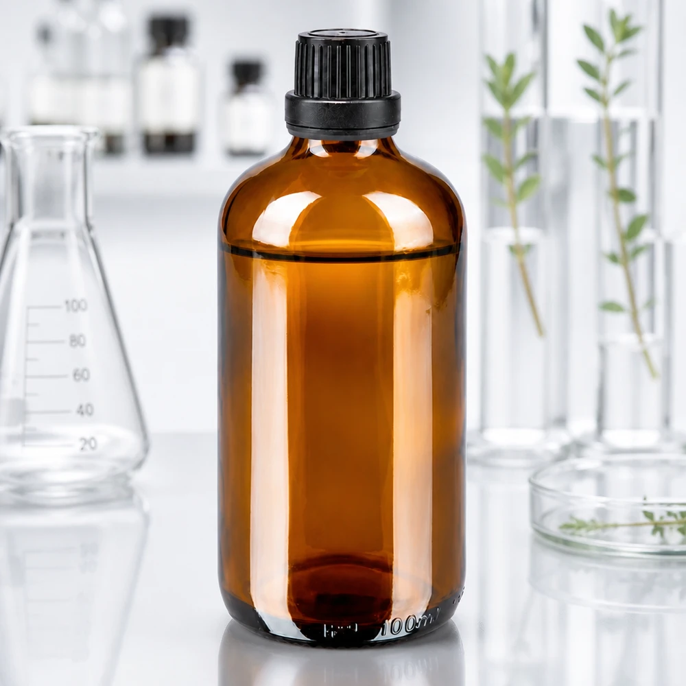 100 ml:n ruskealasi-pullo, jossa on musta kierrekorkki, laboratoriossa Erlenmeyer-pullon ja koeputkien välissä