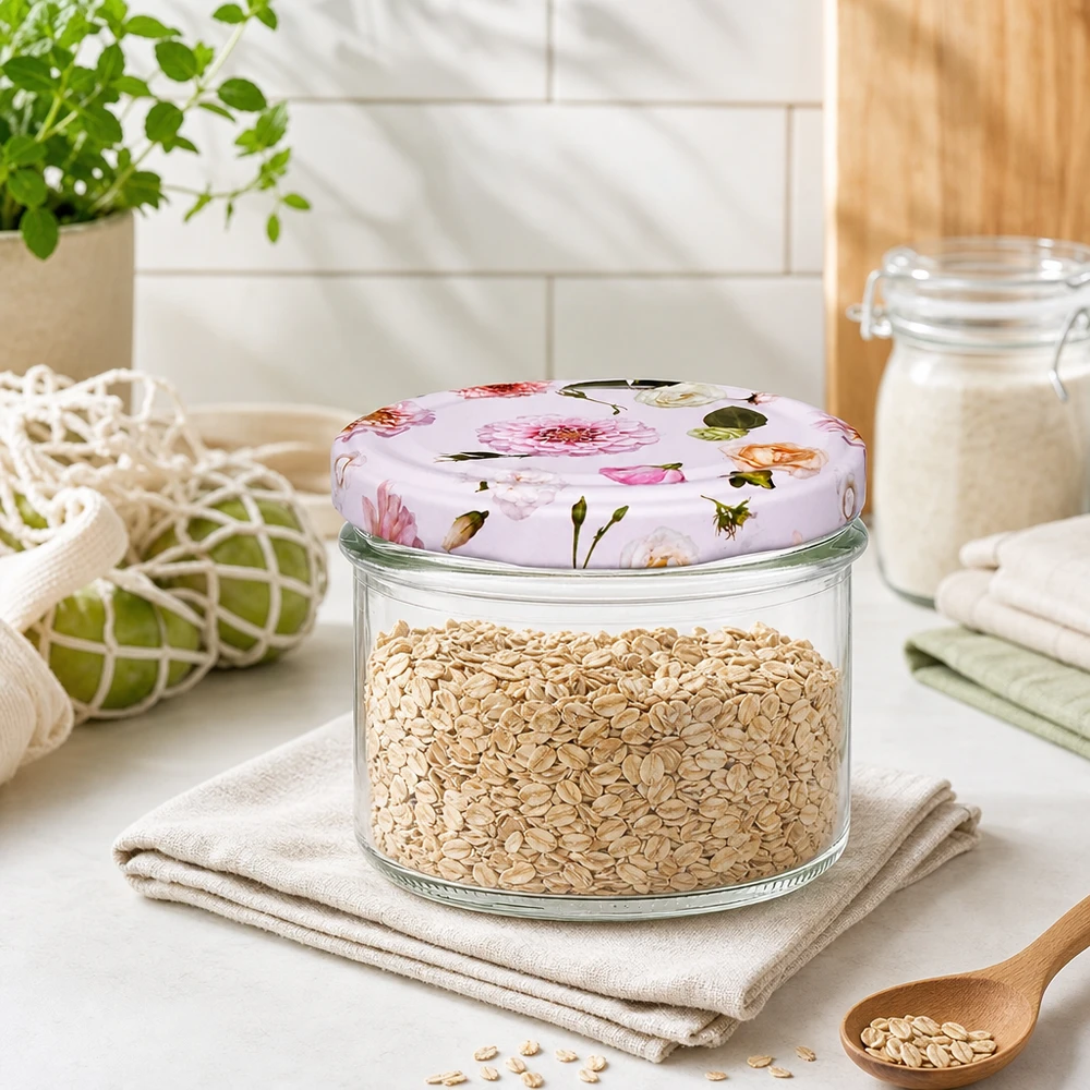 225ml juomapullot + BasicSeal-kansi kukka vaaleanpunainen UNiTWIST Haferflocken in 225ml Sturzglas mit rosa Blumendeckel - praktische Küchendeko für Müsli und Getreide Aufbewahrung