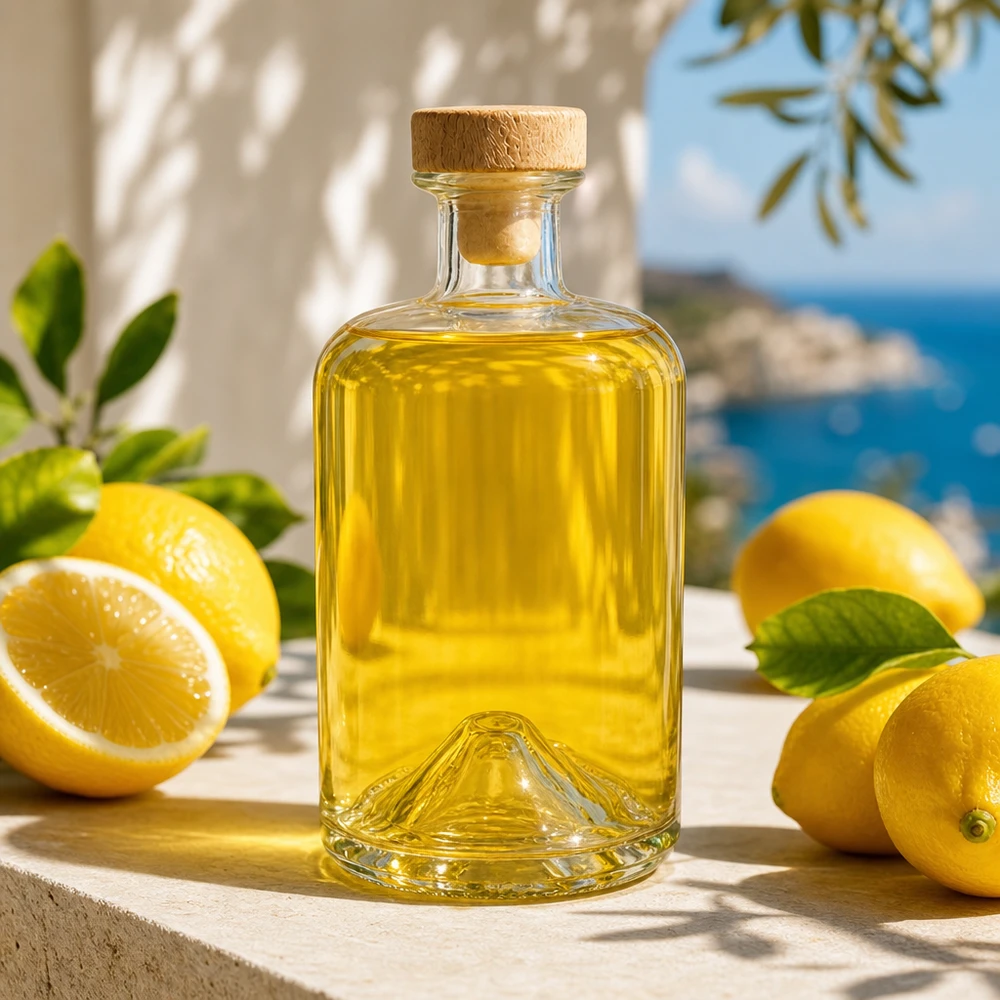 500ml Glasflasche Sofia mit Holzkorken gefüllt mit gelbem Öl zwischen Zitronen in mediterraner Küche