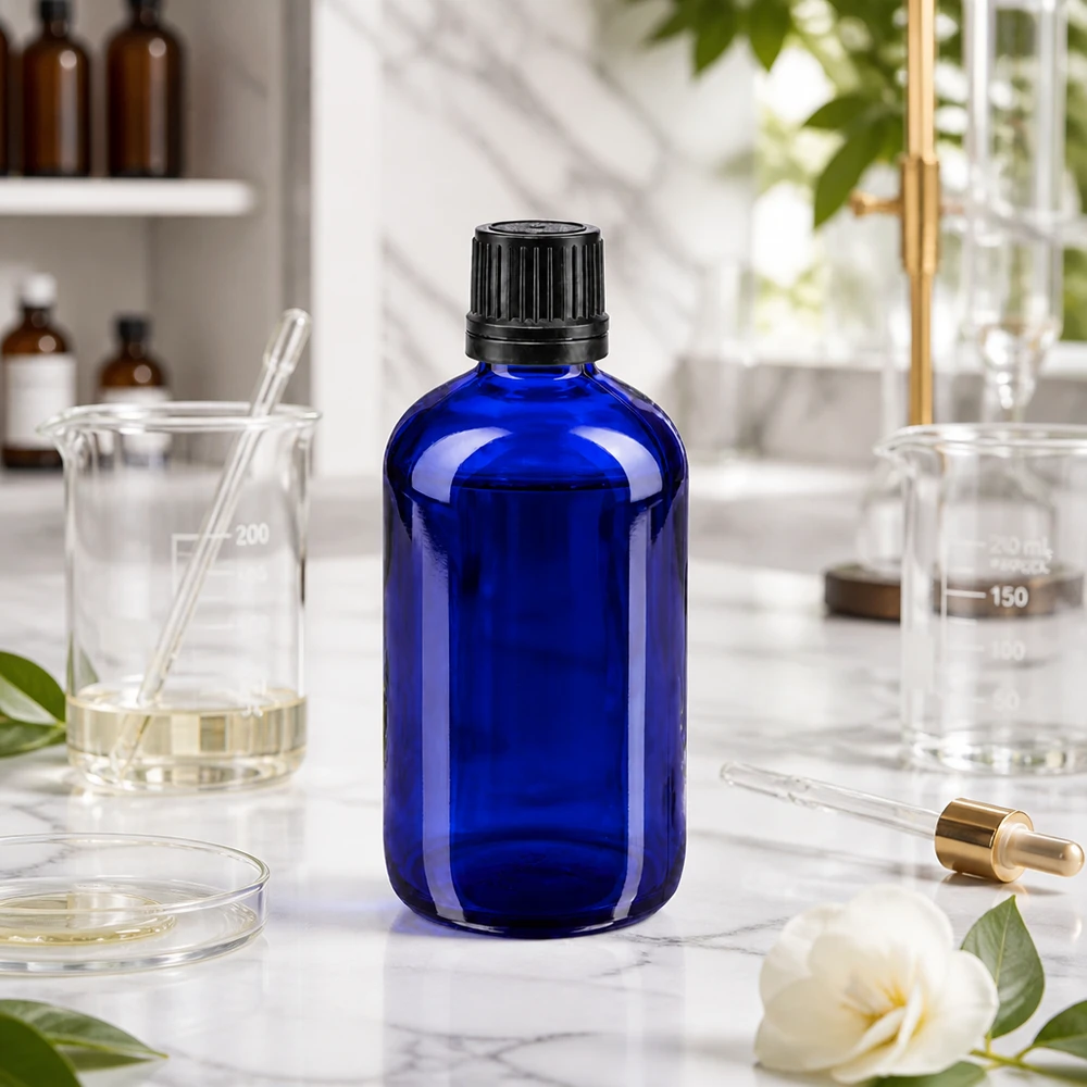 Apteekkipullo sininen 100ml ruuvikorkki musta valurengas sinetöityä sulkemista varten. Sininen 100 ml:n apteekkilasipullo, jossa on musta 8 mm:n alkuperäiskorkki, laboratorioympäristössä