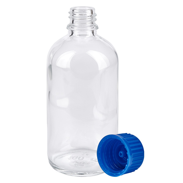 100ml pullo 11mm kierrekorkki sininen Standard ClearLine UT18/100 ClearLine UT18 100 ml:n kirkas lasipullo, jossa on sininen lapsiturvallinen korkki, 11 mm SV