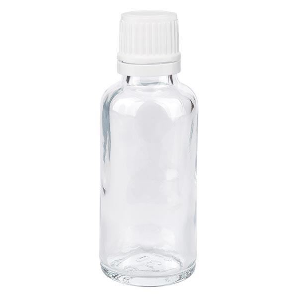 Apteekkipullo kirkas 30ml ruuvikorkki valkoinen peukaloitava sulkeminen Apteekkipullo kirkas 30ml ruuvikorkki valkoinen peukaloitava sulkeminen