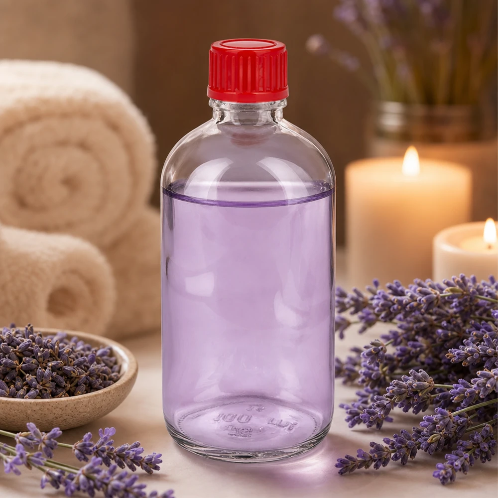 100ml pullo 11mm kierrekorkki punainen Standard ClearLine UT18/100 100ml Glasflasche UT18/100 roter Kunststoffverschluss 11mm SV gefüllt mit lila ätherischem Öl Lavendel