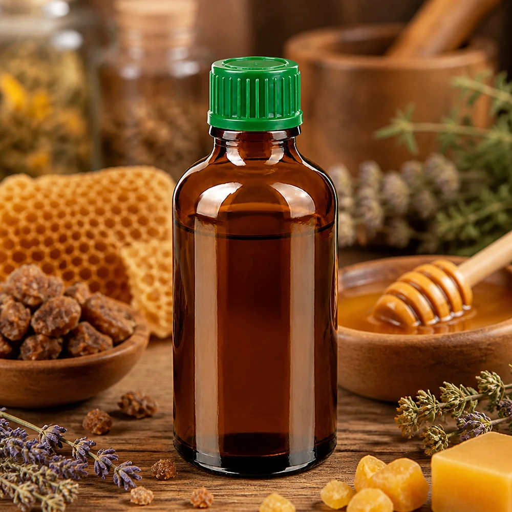 Kompakti 50ml lasipullo ruskealla ruskealla ja vihreällä korkilla homeopaattisille lääkkeille.