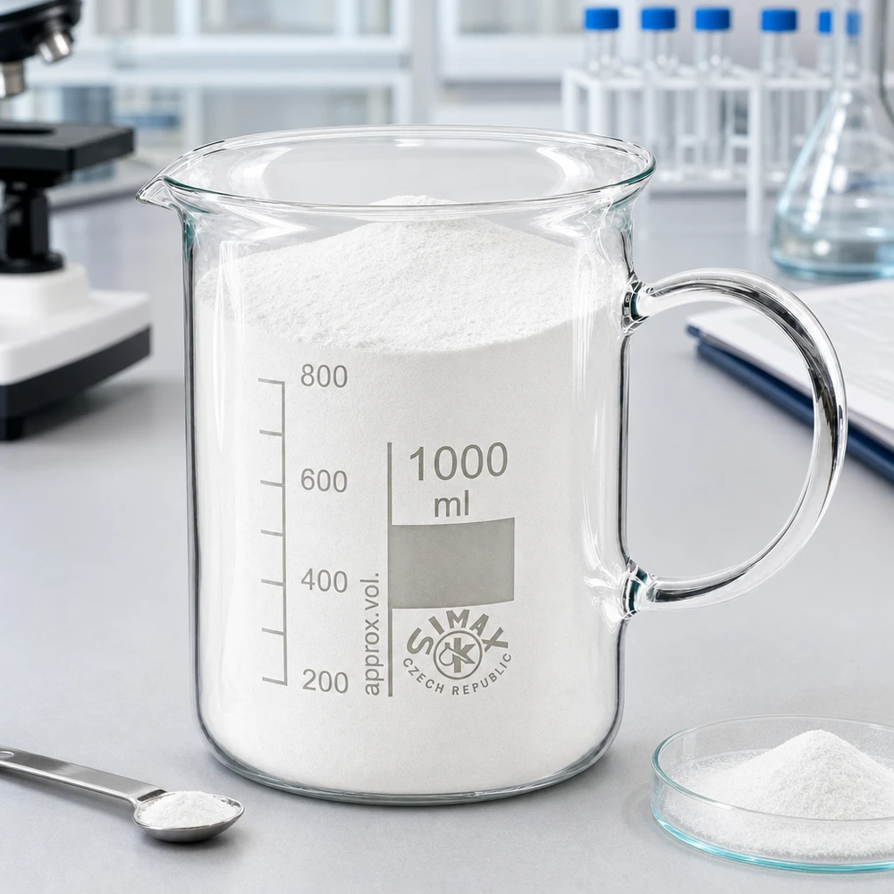 Juomalasi 1000ml borosilikaattilasi, kahvalla varustettuna Laboratoriossa oleva 1000 ml:n mitta-astia, joka on täytetty valkoisella jauheella, sekä petrimalja ja lusikka