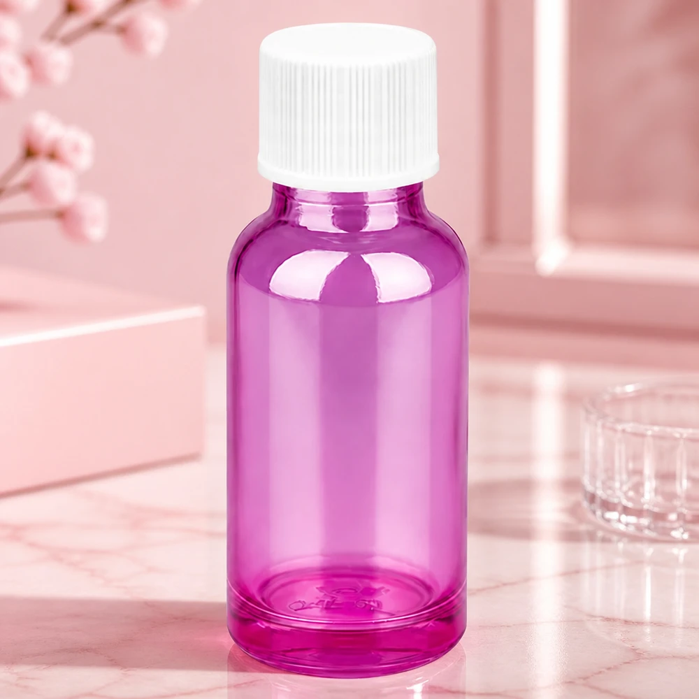 20ml pullo 11mm kierrekorkki valkoinen vakio PurpleLine UT18/20 PurpleLine UT18/20 Elegantti 20ml pullo kirkkaan violetti ja valkoinen korkki kauneudenhoitotuotteille.