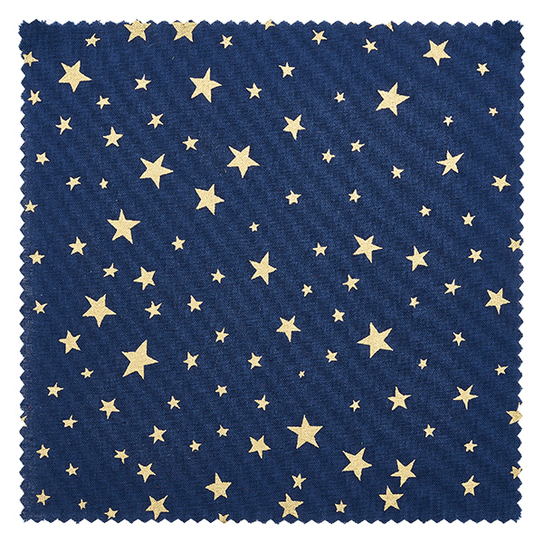 Kankainen koruaihio sininen "tähdet" 15cm neliö. Blaues Stoffdeckchen mit goldenen Sternen verschiedener Größen Detail-Ansicht 15cm quadratisch für Dekoration