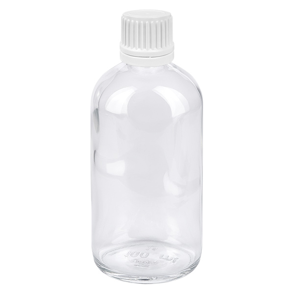 Kirkas lasipullo, 100 ml, valkoisella alkuperäiskorkilla, tippoja ja lääkevalmisteita varten