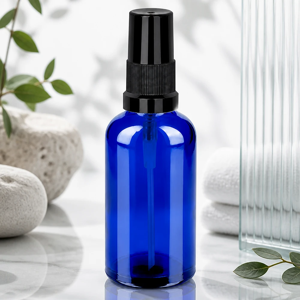 50ml BlueLine-lasipullo mustalla STD-suihkupäällä UT18 ammattikäyttöön.