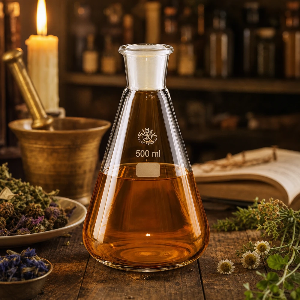 Meripihkanvärinen liuos läpinäkyvässä 500 ml:n Erlenmeyer-pullossa, jossa on NS 29/32 -hiomaliitos.