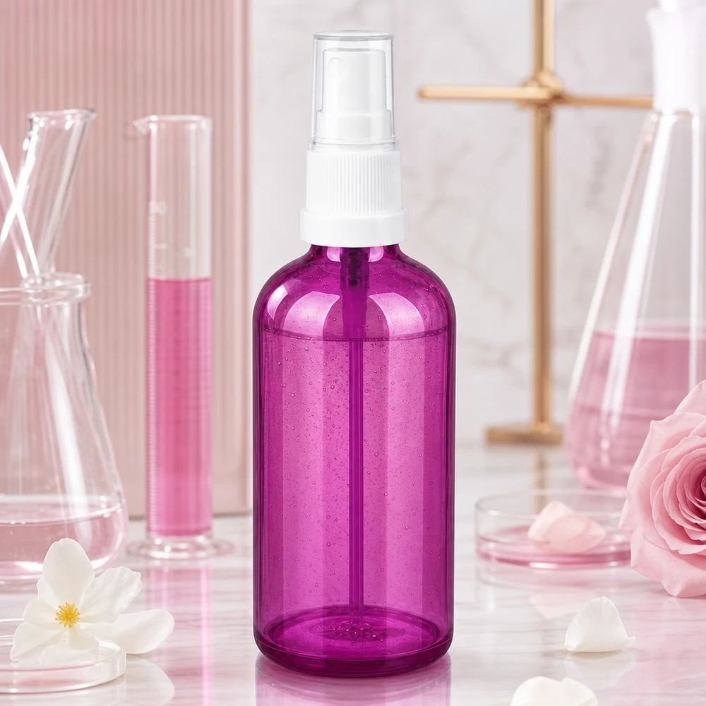 Läpinäkyvä suihkepullo 100ml Purple Line muotoilulla kotitekoiseen ihonhoitoon.