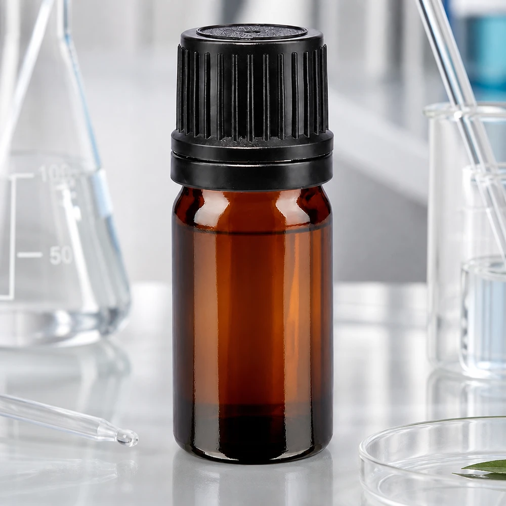 Apteekkipullo ruskea 5ml ruuvikorkki musta kaatorengas sinetöityä sulkemista varten. 5 ml:n ruskealasi-pullo, jossa on musta kierrekorkki, laboratorioympäristössä Erlenmeyer-pullon kanssa