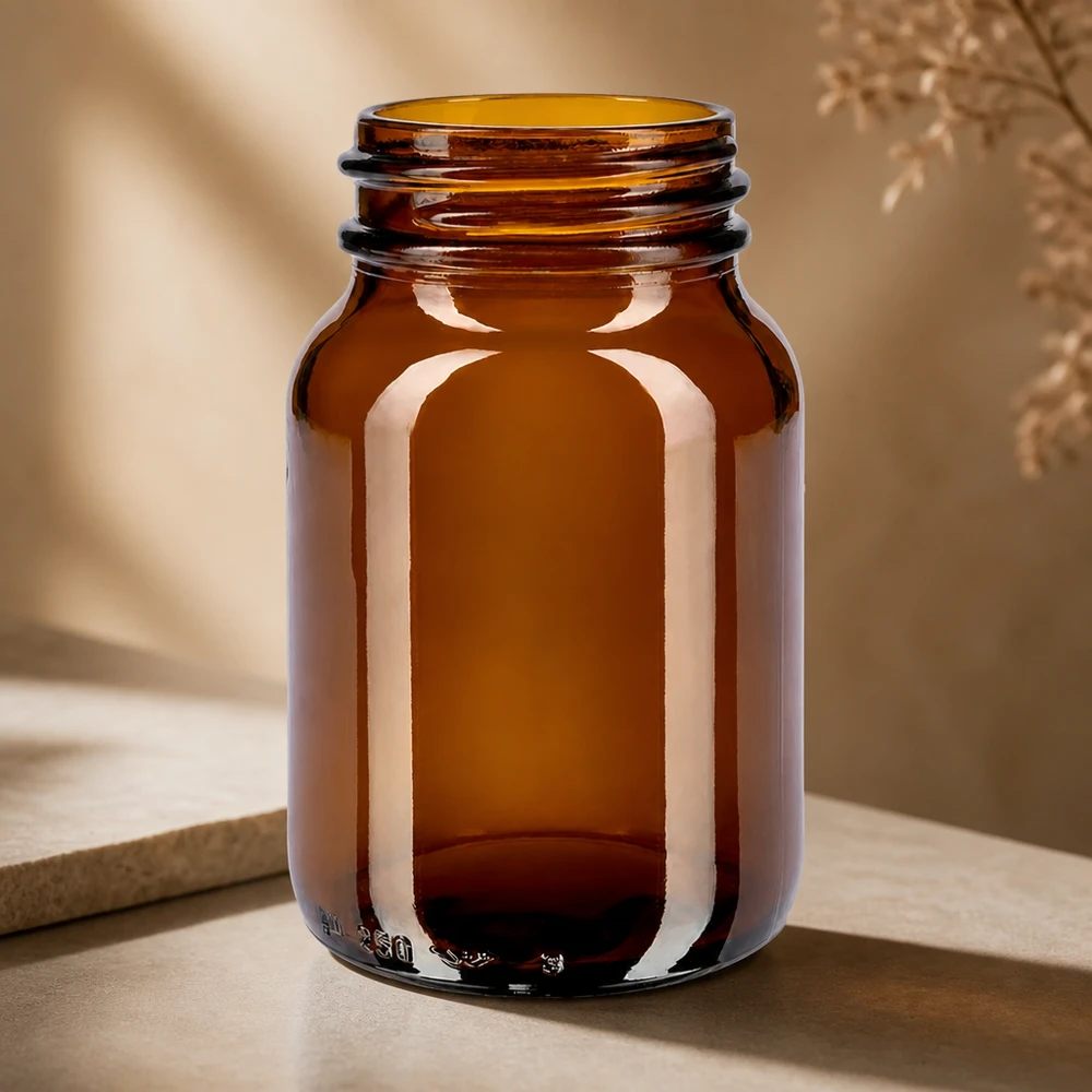 250ml leveäkaulainen pullo meripihkanväristä lasia 250 ml:n laajakaulainen pullo on valmistettu korkealaatuisesta meripihkalasista, joka suojaa sisältöä optimaalisesti valolta.