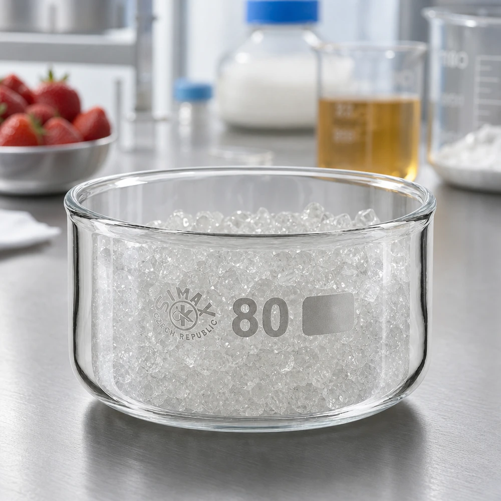 SIMAX-kiteytysastia (150 ml), jossa on valkoisia rakeita, laboratorion ruostumattomasta teräksestä valmistetulla työtasolla