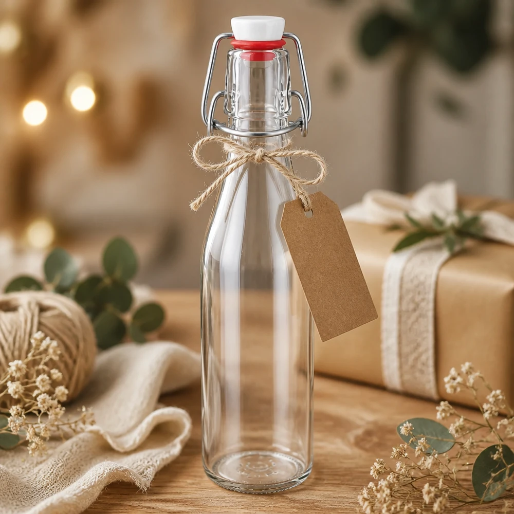 250ml lasipullo, jossa on lahjaksi koristeltu kiikkutulppa, voimapaperilappu ja juuttinauha, juhlava esittely.