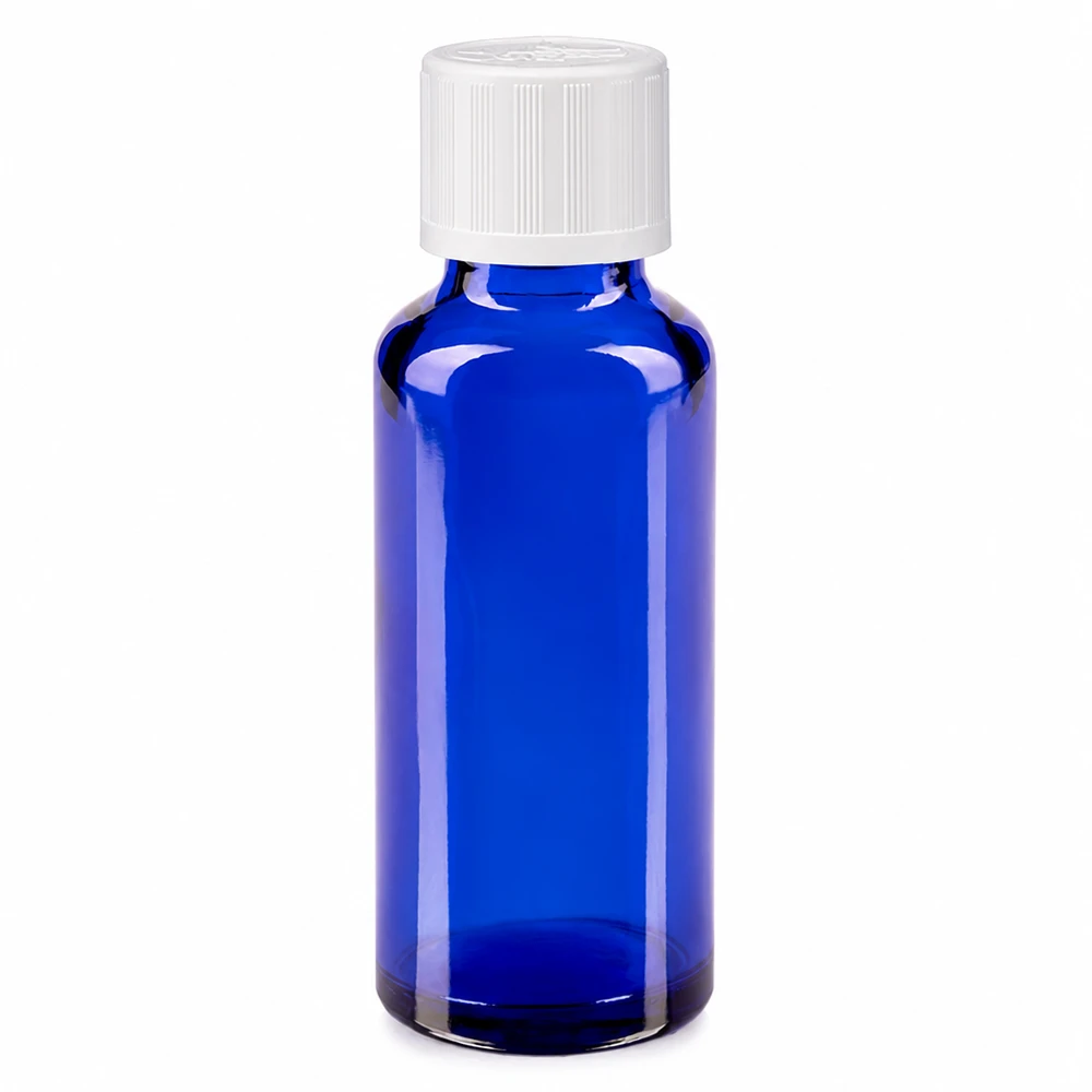 Apteekkipullo sininen 30ml kierrekorkki valkoinen lapsiturvallinen vakio 30 ml:n sininen lasinen apteekkipullo, jossa on valkoinen 11 mm:n lapsiturvallinen korkki