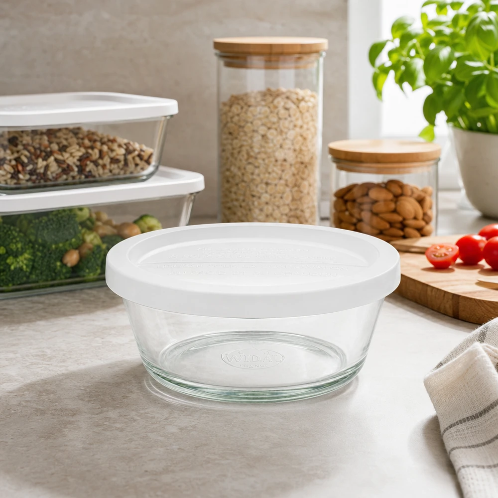 300ml gourmet-purkki tuoreella kannella. WECK RR120 WECK RR120 Gourmet-purkki 300ml tyhjänä keittiön työtasolla muiden säilytysastioiden välissä Lifestyle-säilytysjärjestelmä