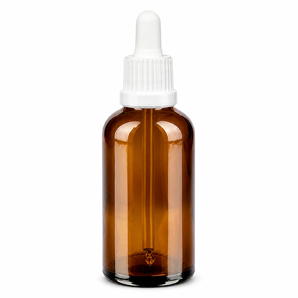 50ml meripihkanvärinen lasipipettipullo valkoisella korkilla nesteiden tarkkaan annosteluun.