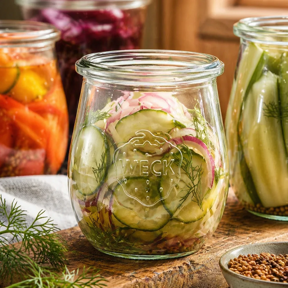 WECK tulppaanipurkki 220ml RR60 täynnä suolakurkkua ja tilliä värikkäiden säilöntäpurkkien vieressä Säilykkeet Keittiössä