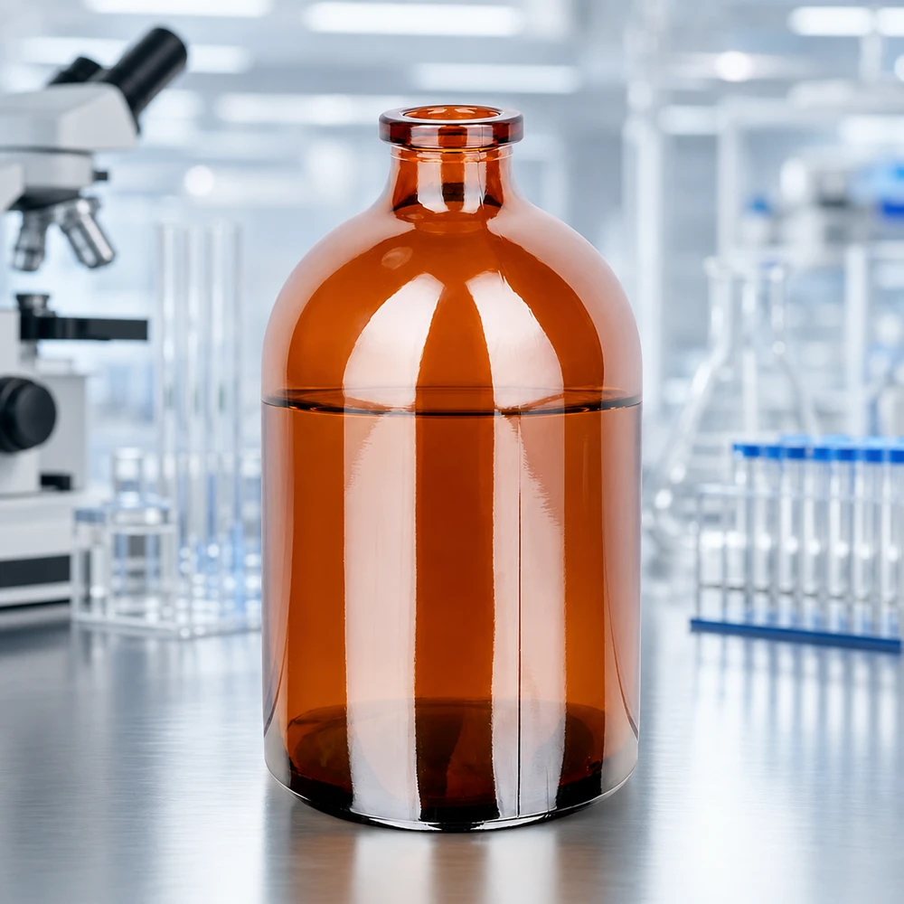 Injektiopullo meripihkalasista 100ml Sterile Braunglas-Injektionsflasche 100ml für Infusionslösungen vor professioneller Laborausstattung