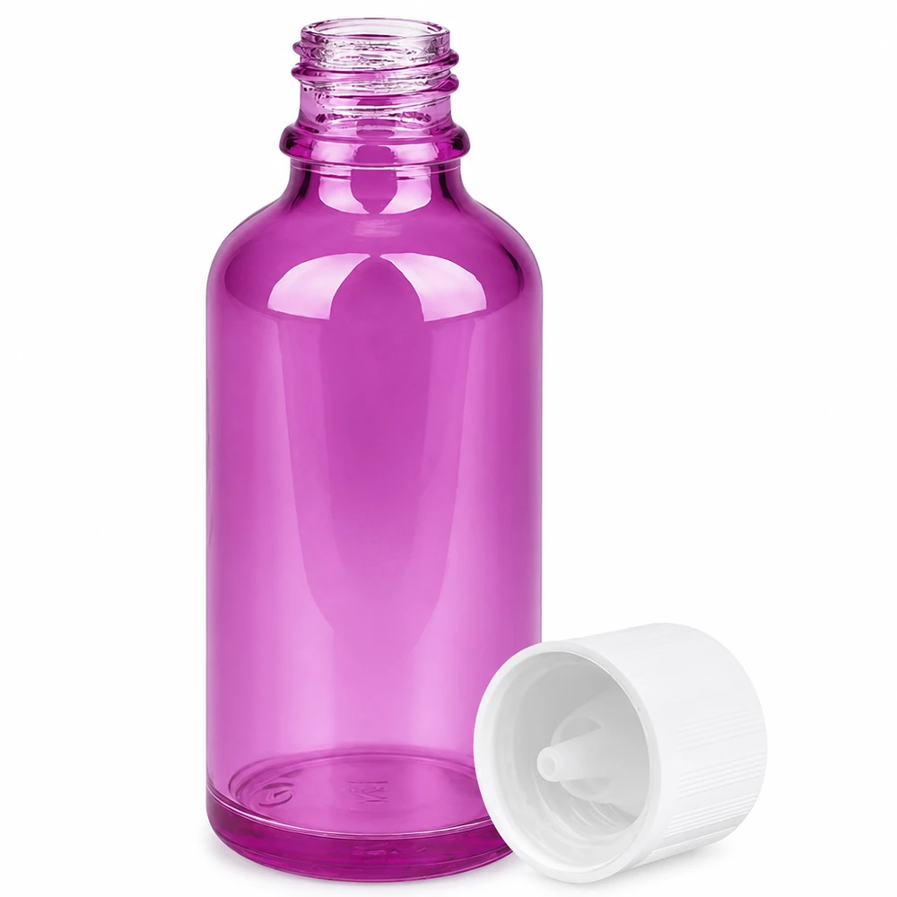 50ml tippapullo 1,2mm valkoinen Standard Child-resistant PurpleLine.UT18/50 lapsiturvallinen. Purppuranpunainen tippapullo 50ml, jossa on lasten turvalukko ja tarkka 1,2 mm:n annosteluaukko turvallista käyttöä varten.