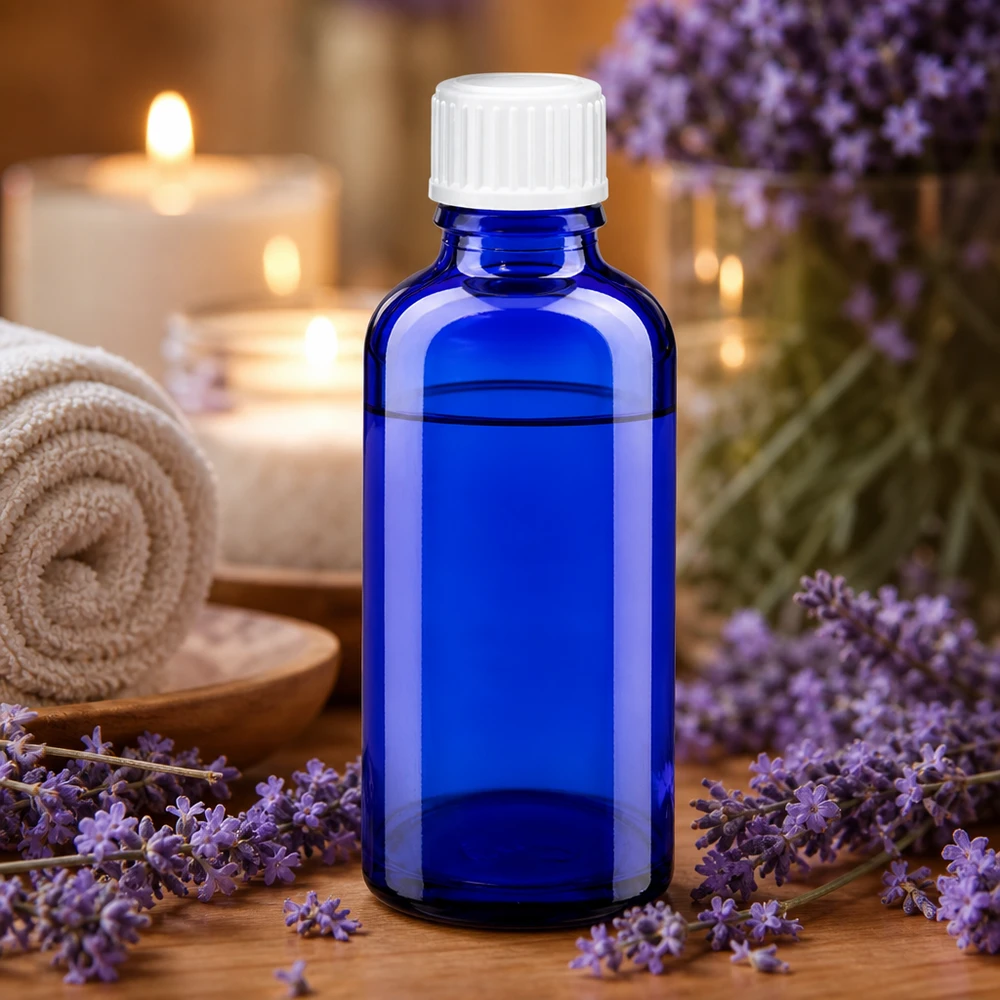 50 ml:n sininen lasipullo, jossa on valkoinen korkki, laventelikukkien ja kynttilöiden keskellä spa-tunnelmassa